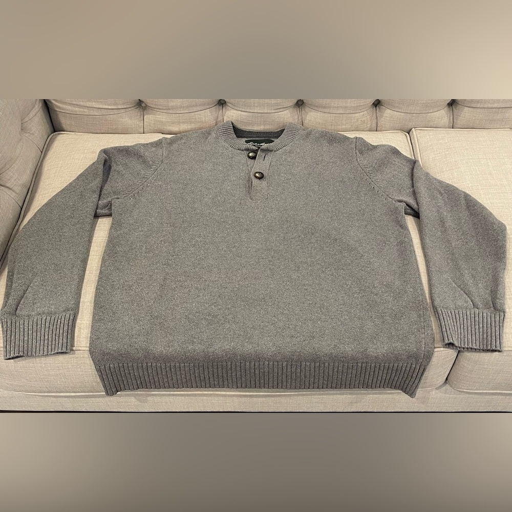 Eddie Bauer men's XL gray 1/4 button Henley pullover sweater 100% combed cotton
